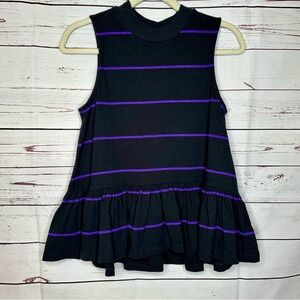 Anthropologie | Black and Purple Stripe Sleeveless Peplum Top